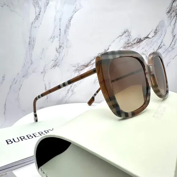 New Burberry Sunglasses Brown Check Square Frames Gradient Lens w/ Case BURBERRY - Picture 4 of 16